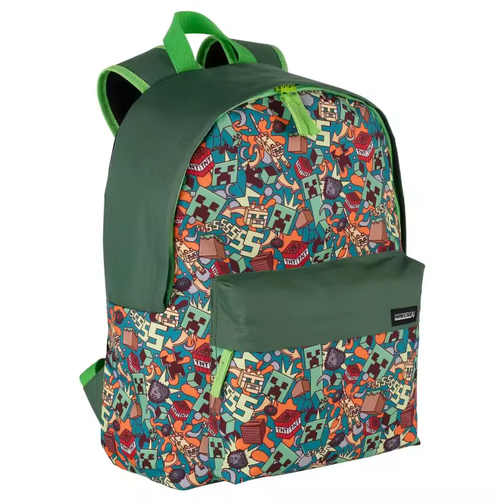 Mochila Escolar Minecraft Crazy Design - Compartimento Principal y Bolsillo Frontal - Adaptable a Carro - Portaordenador E Interior Forrado - Tirantes y Espalda Acolchados - 39 X 30 X 14 Cm - 1