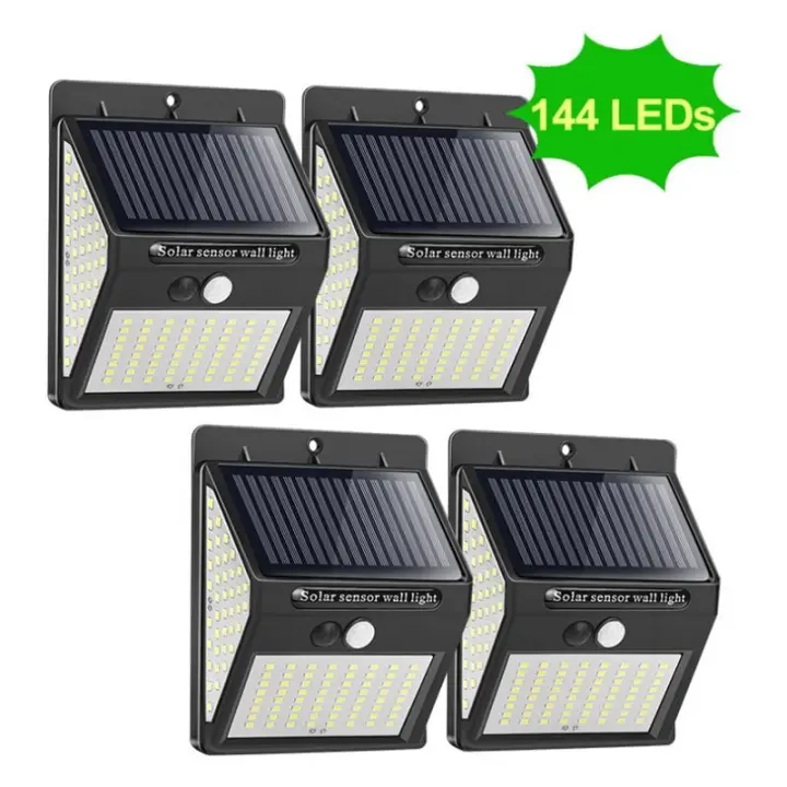 Lámpara solar, paquete de 4 144 LED lámpara solar para exteriores, sensor de movimiento, 3000 K, luz solar para exteriores, 3 modos, 180°, impermeable, iluminación solar para exteriores, foco solar para jardín, terraza - 1