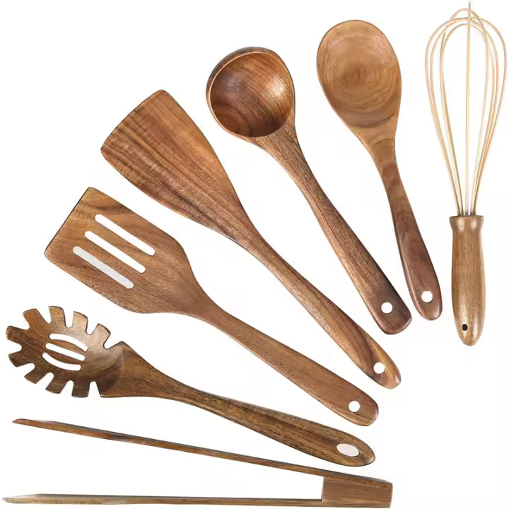 LMETJMA Set De Utensilios De Cocina De Madera Teak Natural 10 Piezas Incluye Cuchara Y Espátula Para Cocinar Y Hornear JT503 - 1