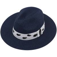 Kebedo Moda Sombrero de Paja Azul para Hombre Mujer Estilo Panamá, Sombrero Verano Transpirable para Sol, Playa, Vacaciones y Viaje, Diseño de ala Ancha con Cinta decorativa Blanca estampado Plumas, Talla Ajustable Unisex Adulto - details 0