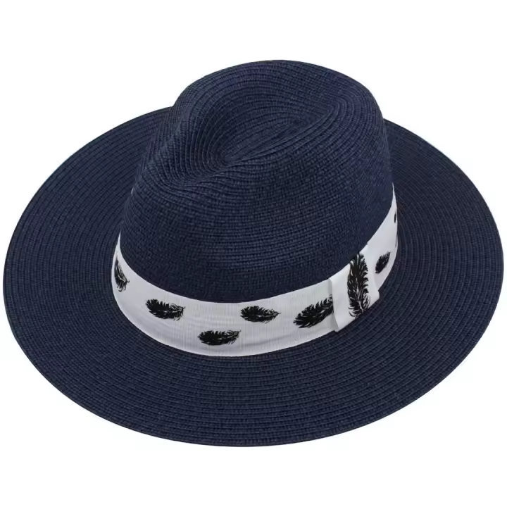 Kebedo Moda Sombrero de Paja Azul para Hombre Mujer Estilo Panamá, Sombrero Verano Transpirable para Sol, Playa, Vacaciones y Viaje, Diseño de ala Ancha con Cinta decorativa Blanca estampado Plumas, Talla Ajustable Unisex Adulto - 1