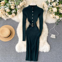 Vestido REALEFT De Punto Para Mujer Con Cuello Alto Y Mangas Largas Estampado Sólido Estilo Casual Vestido De Abrazo Largo Hasta La Rodilla Para Otoño E Invierno - details 6