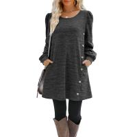 Vestido Casual Para Mujer De Color Sólido Con Botones Manga Larga Cuello Redondo A-Line Largo Hasta La Rodilla Fashion - details 23