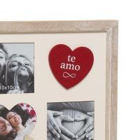 Portafotos Múltiple Amor con espacio para tres fotos (dos de 10 x 10 cm y una de 11 x 10 cm con forma de corazón) 29x1.5x27.5 cm - madera natural con la palabra “te amo” dentro de un corazón rojo - para colgar- ideal para demostrar tu amor - details 2