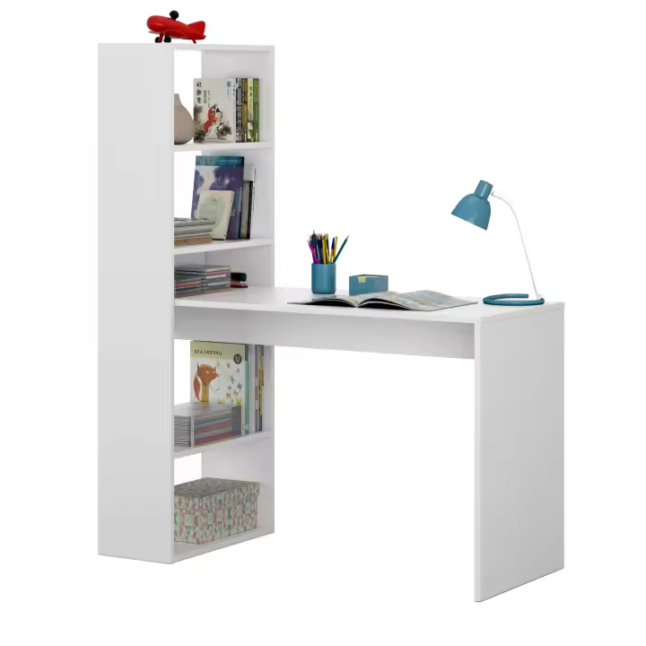 Mesa de Escritorio Duplo con Estantería Reversible en Colores Blanco Artik, Blanco Artik/Roble o Blanco Artik/Gris Fabricado en Melamina 120x144x53 cm - 1