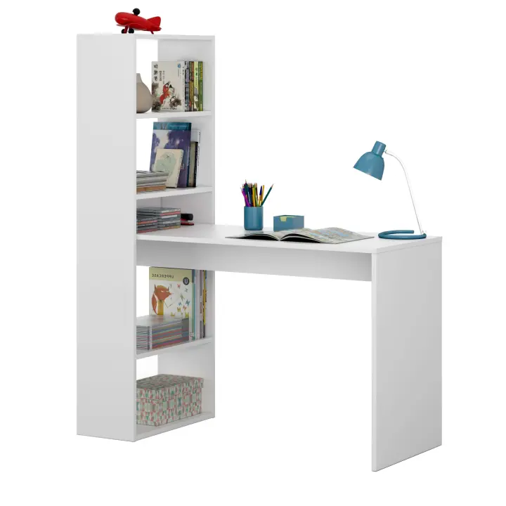 Mesa de Escritorio Duplo con Estantería Reversible en Colores Blanco Artik, Blanco Artik/Roble o Blanco Artik/Gris Fabricado en Melamina 120x144x53 cm - 1