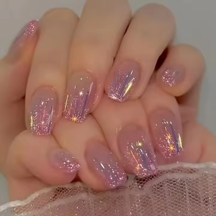 24 piezas de uñas postizas cortas cuadradas con encaje francés, estampado de rosa y morado, diseño de meteorito Aurora, uñas postizas de cobertura completa, kit de uñas adhesivas acrílicas - 1