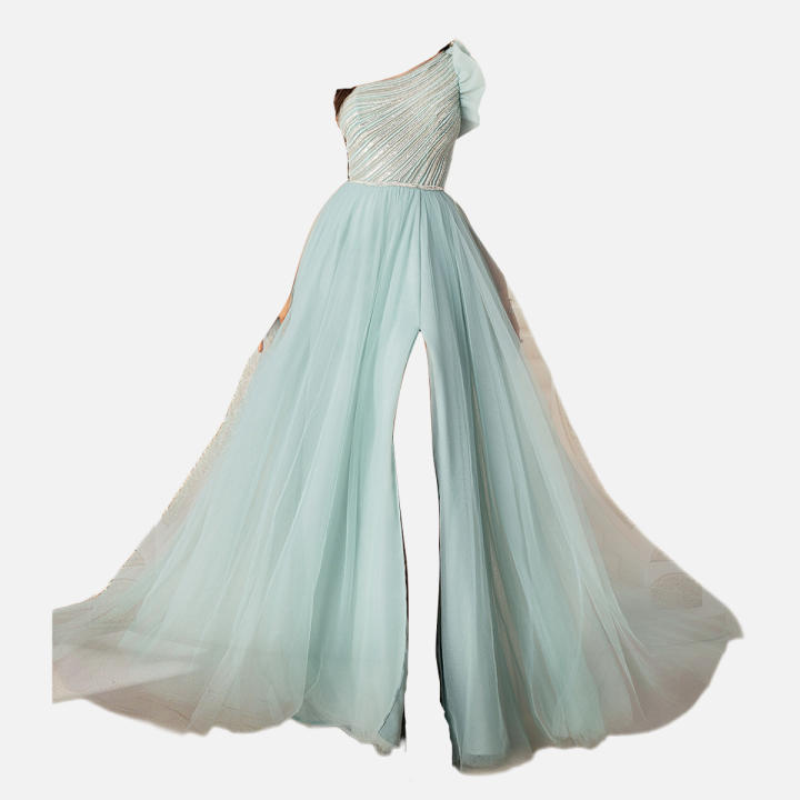 VIPGIRL Vestido De Noche Para Mujer Verde Mint Con Hombro Solo Secuendado Tulle Frontera Alta Corte De Cuerda A-Line Longitud De Suelo