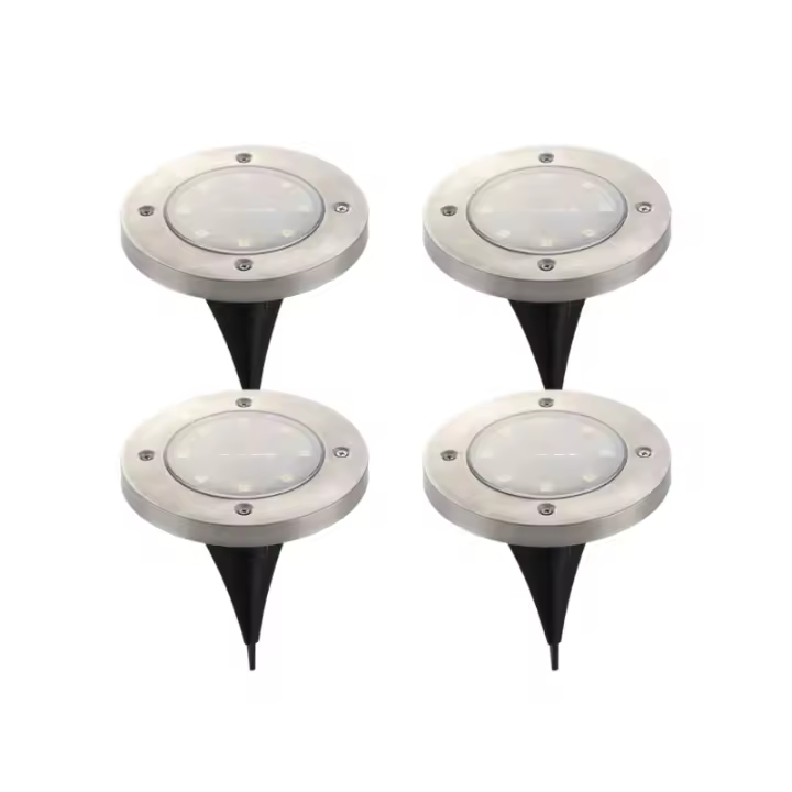 LILI HOME ☀️ Pack de 4 Apliques Solares de Suelo LED - Luz Blanca 🌿🏡 Diámetro: 12 cm | Altura: 14 cm 📍 Fácil instalación: Incluye un soporte con estaca para clavar en la tierra, ideal para jardines, caminos o senderos. - 1