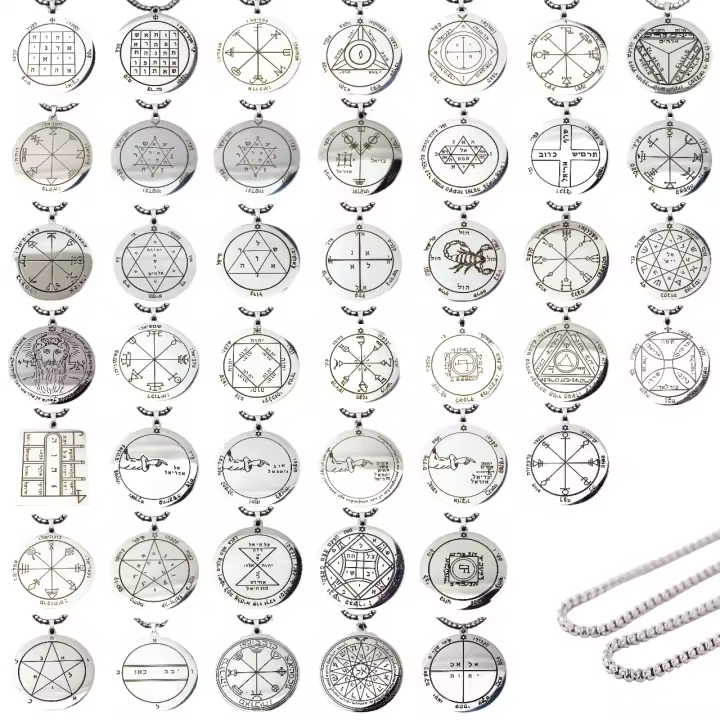 Amuletsshop - Conjunto de 44 Colgantes de Acero con los Sellos de Salomón de Saturno, Júpiter, Marte, El Sol, Venus, Mercurio o La Luna - Protección y Poder Celestial - 1