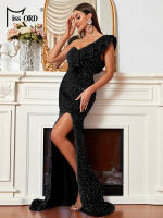 Vestido De Fiesta De Encaje Y Lentejuelas Missord Para Mujer Elegante Vestido De Boda Cocktail Prom Mermaid Maxi Vestido De Un Hombro Con Volante Y Abertura En La Pierna - details 28