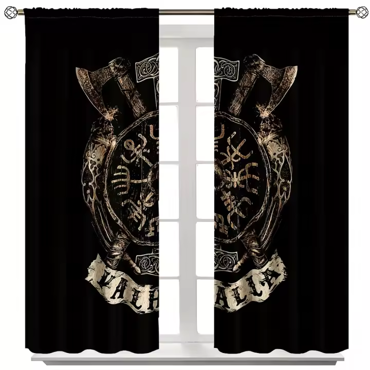 2pcs Cortinas Vikingas Decoración De Mitología Nórdica Odin Cortinas De Ventana Para Dormitorio Y Sala De Estar 100% Poliéster Negro Tapete De Suelo Nórdico - 1