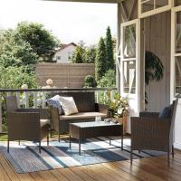 Conjunto de muebles de jardín en ratán, sofá 2 plazas, 2 sillones individuales y una mesa de centro con tapa de vidrio, muebles de patio de mimbre, elegante diseño en marrón y topo - details 2