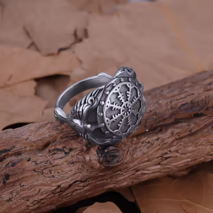 Anillo De Acero Inoxidable Nórdico Con Runas Awe Helmet De Odin Cuervos Huginn Y Muninn Aegishjalmur Anillo Nórdico Para Hombres Joyería De Leyendas Mitológicas - 1
