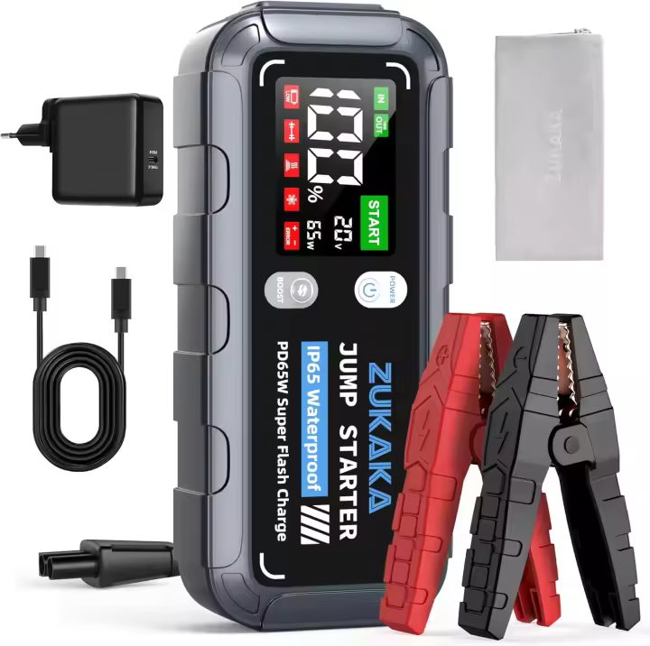 ZUKAKA 6000A Arrancador de Coches, 26800mAh Arrancador de Baterias 12V(Todos Gas&12L Diesel), Jump Starter Portátil con 65W Carga Rápida, IP 65, Cable Inteligente Mejorado, Pantalla Extragrande - 1