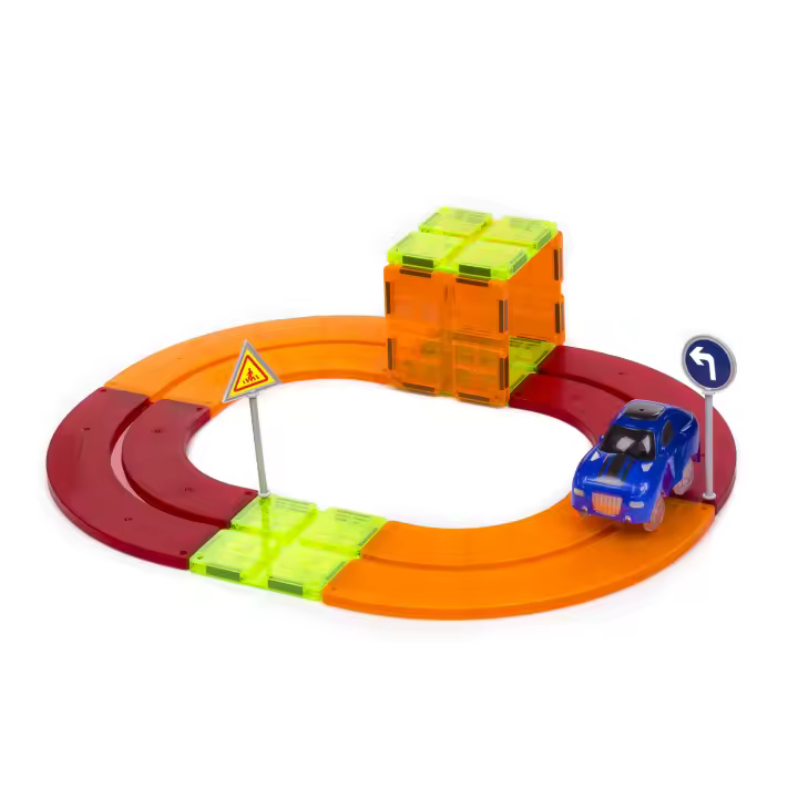 DAM. Pista para coches con piezas magnéticas. 19 piezas. Crea tus propios circuitos. Incluye 1 coche. 34x4x21cm - 1