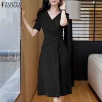 Vestido Midi Elegante De Verano Para Mujer ZANZEA Con Cuello V Y Manga Corta Vestido De Fiesta Trabajo OL Vestido De Seda Pleated - details 9