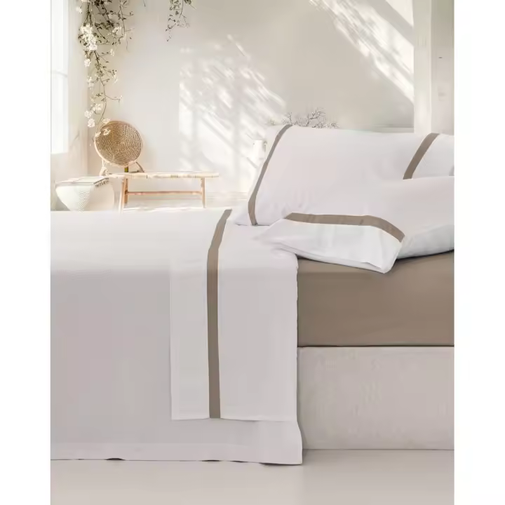 Juego de Sábanas 100% Algodón, Percal Peinado 200 Hilos, Color Blanco-Taupé, Vidal Home - 1