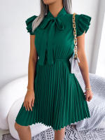 Vestido Elegante De Mujer Con Cintura Alta Y Volantes Para Primavera Y Verano Estilo Casual Collar Con Lazo Cuello Alto Y Mangas Batwing - details 16