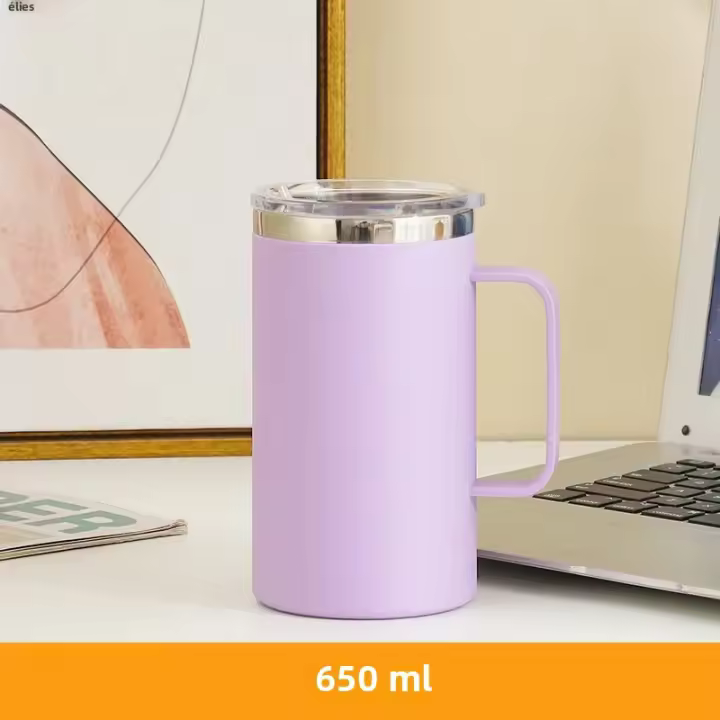 Taza De Café De Acero Inoxidable 304 650ml Con Manija Y Tapa Botella De Agua Aislada Doble Capa Antideslizante Taza De Leche Y Té - 1