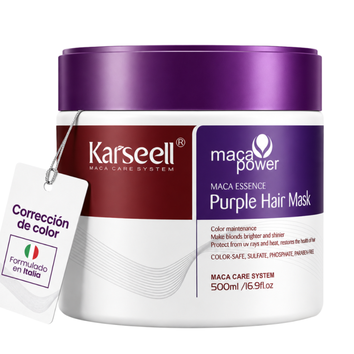 KARSEELL - Mascarilla Capilar Mascarilla Violeta Cabellos Grises Rubios Canas Decolorados Mascarilla Morada Matizador Hidratación Intensa Neutraliza Amarillos y Naranjas Alisado Reparadora Nutritiva Cuidado Capilar - 500 ml.
