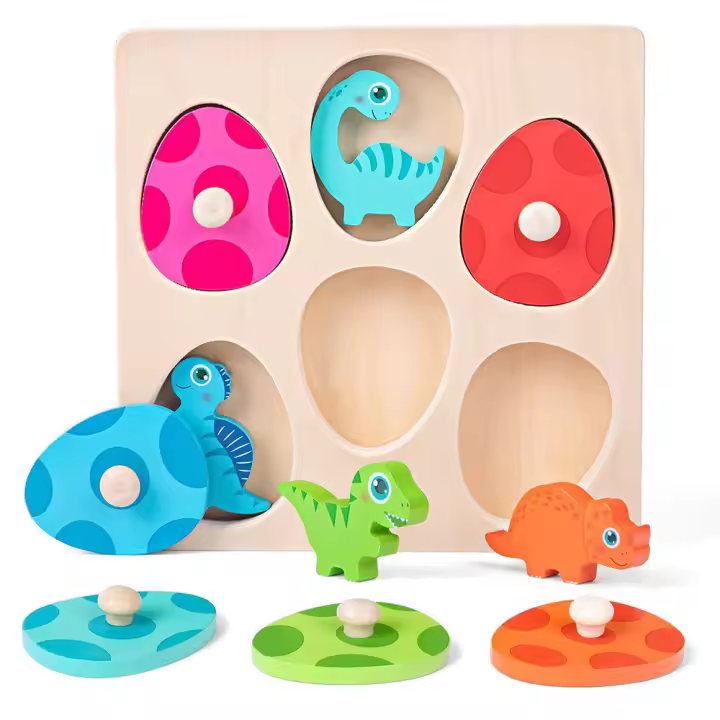 Puzle De Dinosaurios De Madera Para Niños Juguete Montessori De Aprendizaje Prescolar Caja De Huevos Con Palos Regalo De Cumpleaños - 1