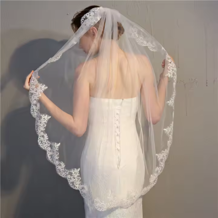 Velo De Novia Elegante Para Mujeres Con Peine En Tulle Y Encaje Accesorios Para El Cabello De Boda 1 Capa Adornos Para Mujeres - 1