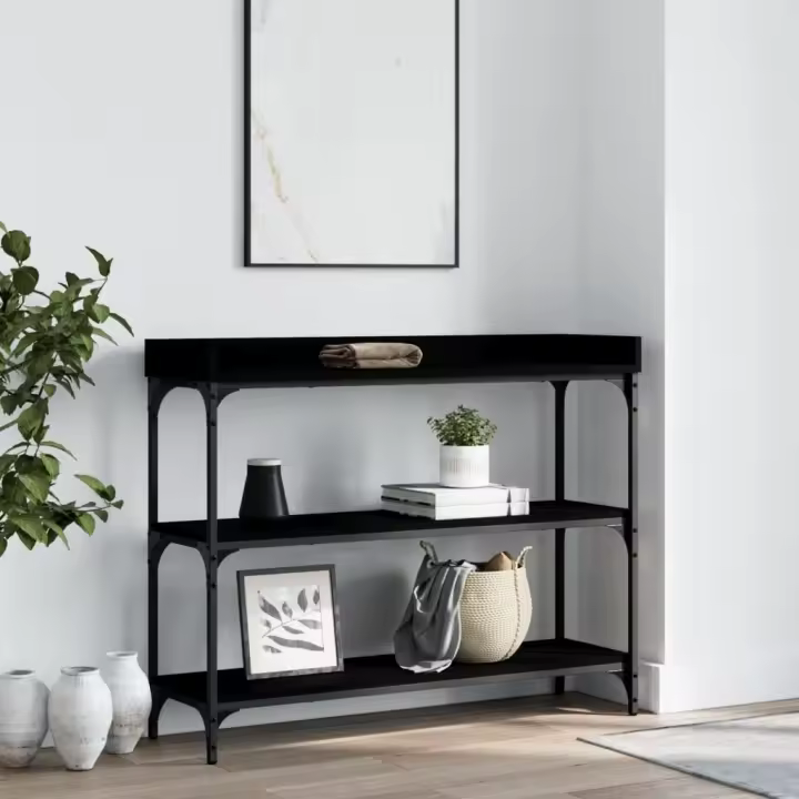 Mesa consola con estantes negro 100x30x80 cm - 1