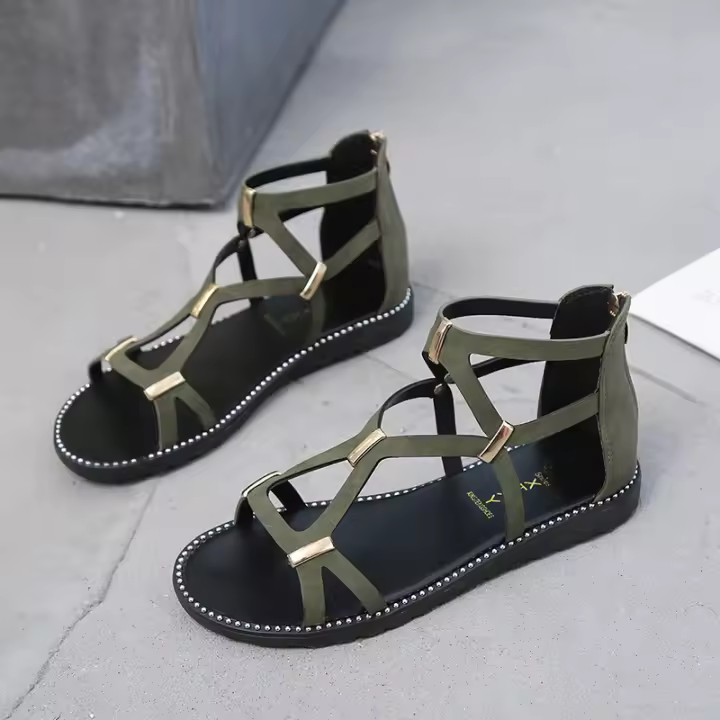 Women Flat Cutout Design Sandals Open Toe Back Zipper Shoes Casual Summer Beach Sandals - 1