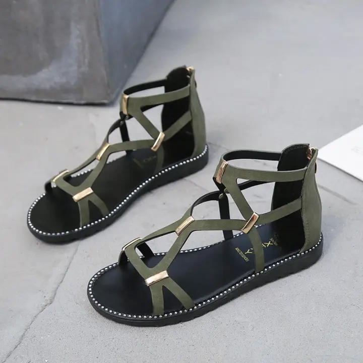 Women Flat Cutout Design Sandals Open Toe Back Zipper Shoes Casual Summer Beach Sandals - 1
