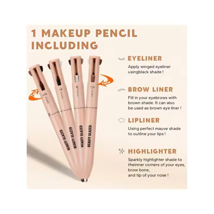 Everlyx - Lápiz de maquillaje multifunción 4 en 1 - Incluye delineador de ojos, labios, cejas e iluminador en un solo formato - Diseño tipo bolígrafo retráctil, práctico para llevar - Ahorra espacio en tu estuche y tiempo en tu rutina - 1