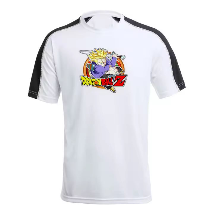 MERCHANDMANIA CAMISETA TÉCNICA FRANJA MANGAS NEGRA logo personaje trunk trunks super guerrero z serie peleas tshirt - 1