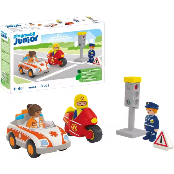 PLAYMOBIL Junior 71692 Héroes del día a día, Incluye Doctora, Bombero y Oficial de policía, Juguete sostenible Hecho de plásticos a Base de Plantas, Juguetes para niños y niñas a Partir de 1 año - 1