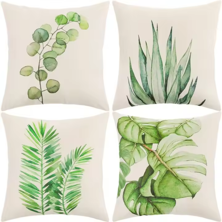 Funda de Alfajar 45x45 Juego de 4 Fundas de Fundas Decorativas Flores Vida Marina Patrón de Plantas Tropicales para Sofá Salón Silla (Hoja Verde-Algodón de Algodón) - 1