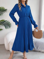 Vestido Largo De Primavera Verano Para Mujer Estilo Casual Color Sólido Cuello Polo Botones Mangas Flares Pliegues Centenares Vestido A-Line - details 15