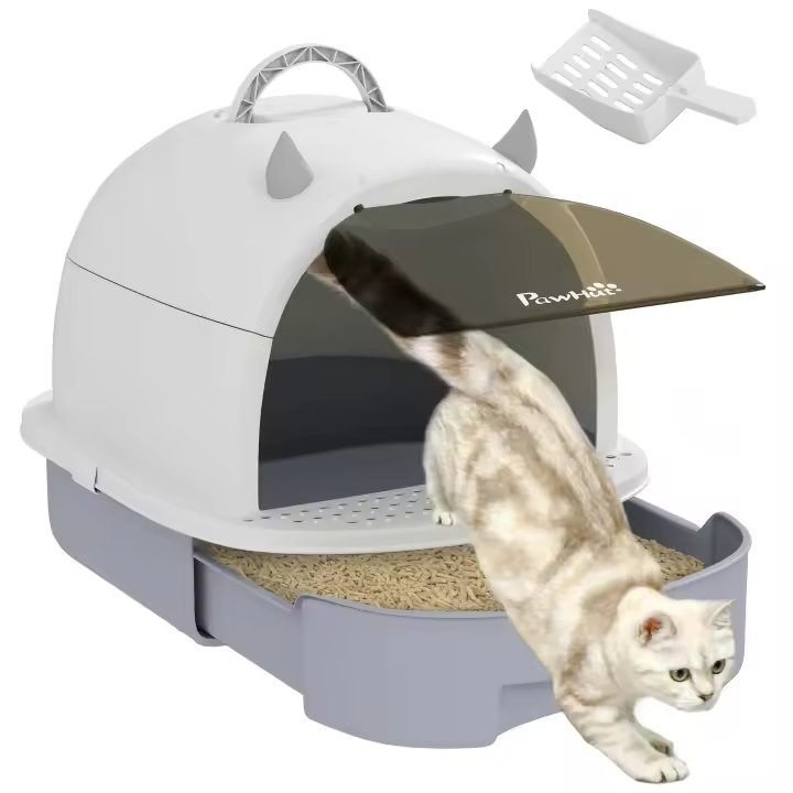 PawHut Arenero para Gatos Cubierto Caja de Arena para Gatos Arenero Cerrado para Gatos con Tapa Removible Bandeja Extraíble Filtro de Carbono Pala y Asa Superior 40,5x52x39 cm Blanco y Gris - 1
