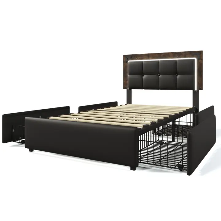 Cama Individual Tapizada en PU Negro 90x200 cm | Cabecero con Ajuste de Altura | Barra de Luz LED Integrada & 4 Cajones de Almacenamiento | DiseFunconal sin Colchón Incluido - 1