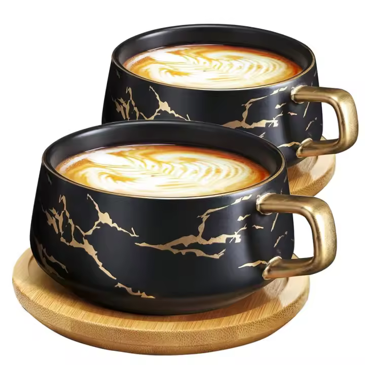 Café Espresso de Porcelana de 300 ml para té, Café y Capuchino, Tazas de Café with disco de Madera (Negro * 2) - 1