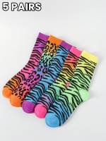 5 Pares De Medias De Moda Para Mujer Con Estampado De Leopardo Colorido Media Calf Mid-Tube Para Todas Las Estaciones - details 0