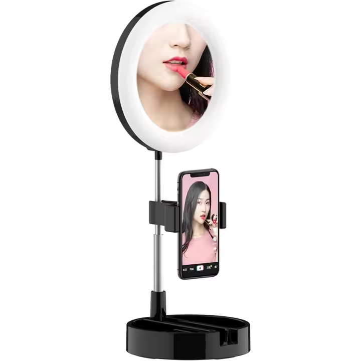 Anillo de luz portátil con Soporte Extensible y Soporte para teléfono, luz de una Pieza Plegable Regulable, 3 Modos 10 Brillo para transmisión en Vivo, Selfie, Maquillaje - 1