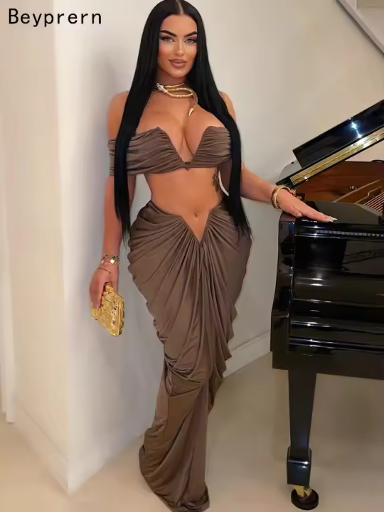 Conjunto De Dos Piezas Para Mujer Beyprern: Vestido Largo Y Falda Alta Con Cintura Alta Y Top Sin Mangas Estilo Sexy Para Club Noche - 1