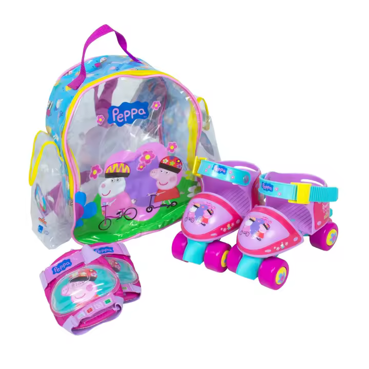 Mochila de Patines Infantiles mini Roller de 4 ruedas tallas 24-29 y Protecciones, con diseños exclusivos de Peppa Pig (9083) Compuesto por rodilleras . Set completo y seguro. Calidad al mejor precio. De acuerdo a la normativa CE. +3 años - 1