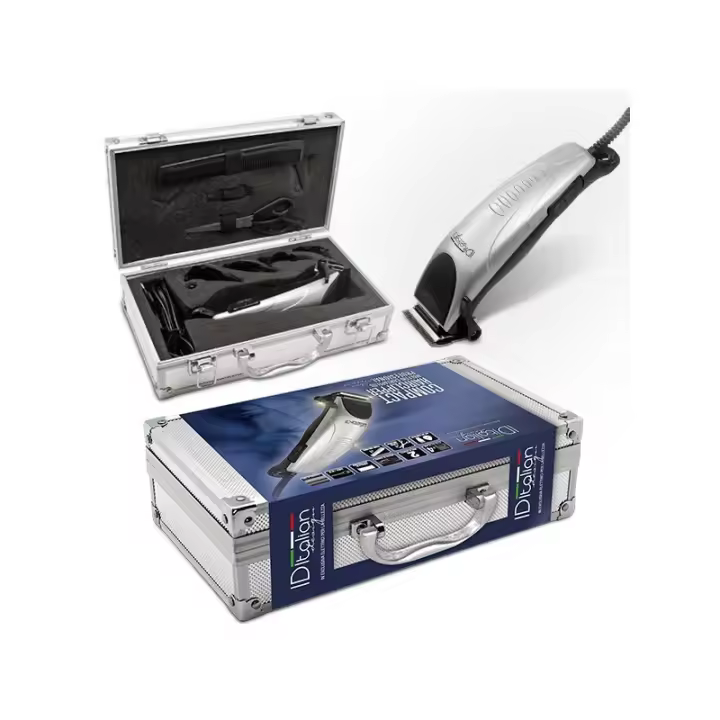 Italian Design - Maquinilla Cortapelos en Maletín de Aluminio Profesional ER-Compact que Incluye Máquina Cortapelo 10W con Cuchilla de Acero Inoxidable Ajustable para 2 Tipos de Corte, 4 Peines (3, 6, y 12 mm), Tijeras, Peine y Kit de Limpieza - 1
