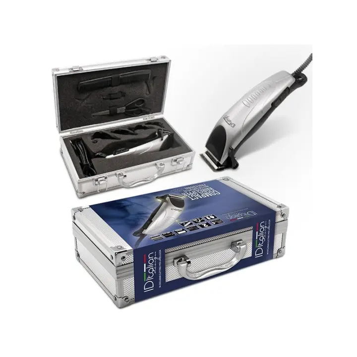 Italian Design - Maquinilla Cortapelos en Maletín de Aluminio Profesional ER-Compact que Incluye Máquina Cortapelo 10W con Cuchilla de Acero Inoxidable Ajustable para 2 Tipos de Corte, 4 Peines (3, 6, y 12 mm), Tijeras, Peine y Kit de Limpieza - 1