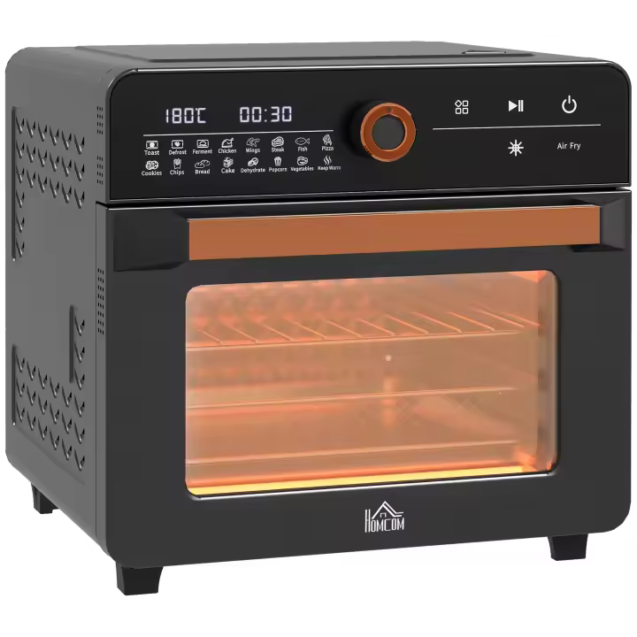 HOMCOM mini horno con circulación de aire 20L Mini horno 3 en 1 con parrilla, bandeja de horno y bandeja recogemigas, freidora de aire caliente 40°C-220°C con cestillo para freír, temporizador, iluminación interior, 1400W, acero inoxidable - 1
