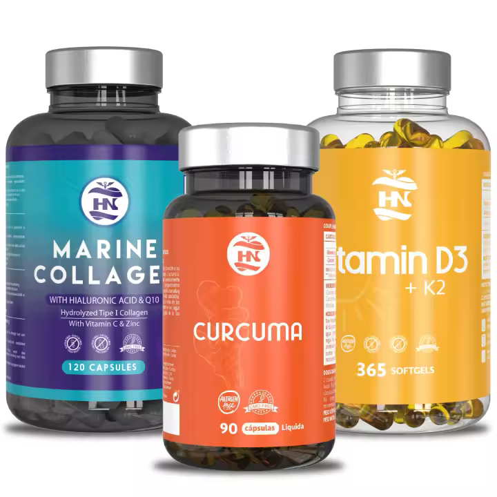 HN Healthy Nutrition - Pack Vitamina D3 - Colageno Marino - Curcuma - Huesos, articulaciones & Inflamación - 365 caps de vitamina D3 K2 – 120 caps con Acido Hialuronico con Magnesio y Vitamina C - Coéncima Q10 - 90 caps Curcuma liquida liposomada - 1