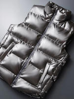 Chaleco De Algodón Grueso Para Hombres Moda Otoño/Invierno 2024 Estilo Casual Cuello Erguido Brillante Tamaño Grande Con Bolsillos Y Cierre De Cremallera - details 3