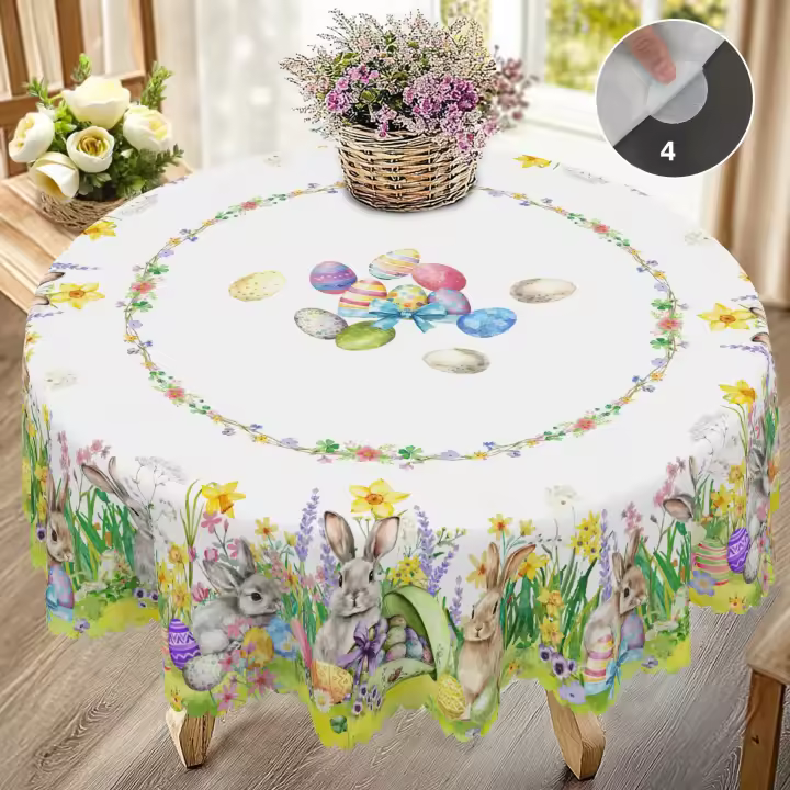 Mantel Redondo De Pascua En Poliéster 100% Impermeable Con Patrón De Conejo Y Huevo Tamaño Variado Decoración Para Mesa De Comedor Jardín Y Uso Diario En Casa - 1