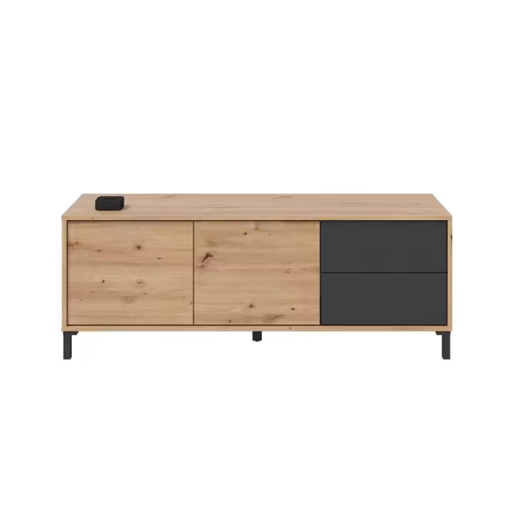 Meimon Mueble TV BROOKLYN 130x41x47 cm, con 2 puertas y 2 cajones, melamina TIPO E1, cantos PVC 0,6 mm, patas ABS negras, apertura “PUSH”, guías metálicas, acabado Roble Nodi y Gris Antracita, peso máx. 40 kg - 1