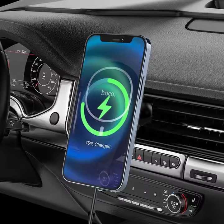 Soporte de coche HOCO CA90 con carga inalámbrica MagSafe 15W. Compatible con iPhone 12/12 Mini/12 Pro/Pro Max, 13/13 Mini/Pro/Pro Max, 14/14 Plus/Pro/Pro Max. Fijación magnética segura y carga rápida. Color negro. - 1